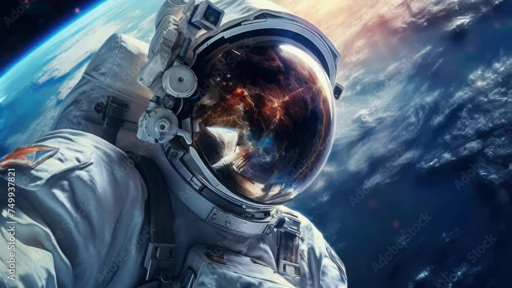 Poster Astronaut in space suit with Earth in the background. Suitable for science and technology concepts.