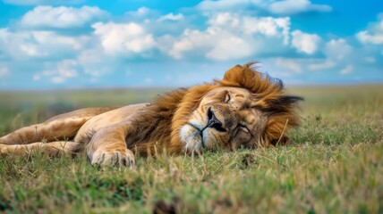 A big lion lies on the grass