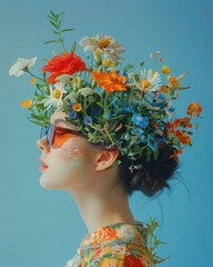 Creative portrait of a girl. Flowers are painted on her face and body in the style of Flemish painting. On a plain blue background.