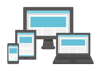 It is Illustration set of computers, laptops, tablets, smartphones, and monitors.