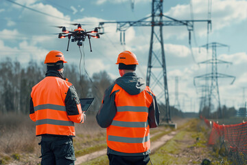 Drone operators, monitor screens in hand, conduct aerial inspections of power lines, improving infrastructure safety.