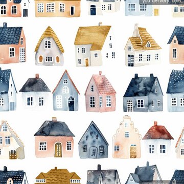 Watercolor painted houses on white background