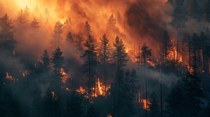 Fototapeta na wymiar Environmental Devastation: Wildfire Tears Through Forest, Smoke Chokes the Sky. A Stark Reminder of Climate Threats