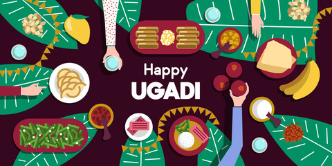 Ugadi feast celebration. Group of people gather for Hindu new year. Top down view of dinner table, hands reaching for food. Happy Ugadi greeting card illustration