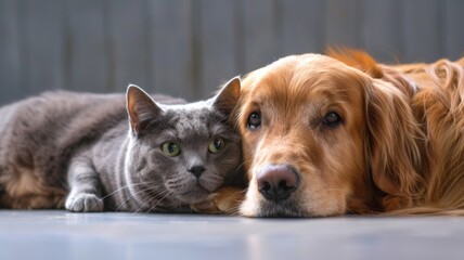 Dogs and cats live side by side peacefully. Shows a harmonious friendship.