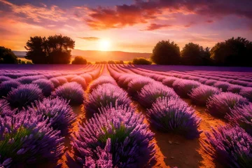 Fotobehang lavender field at sunset generated by AI technology © soman
