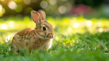 Fototapeta premium A brown rabbit sits on the grass, enjoying its surroundings.