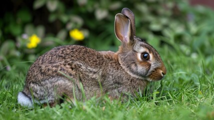 Naklejka na ściany i meble A brown rabbit sits on the grass, enjoying its surroundings.