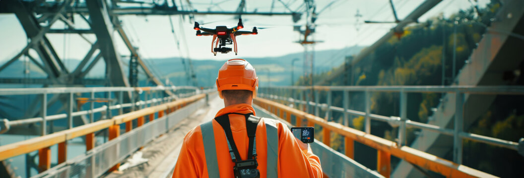Engineers with remote controllers, drones inspecting bridges, utilizing advanced technology for infrastructure assessments and maintenance.