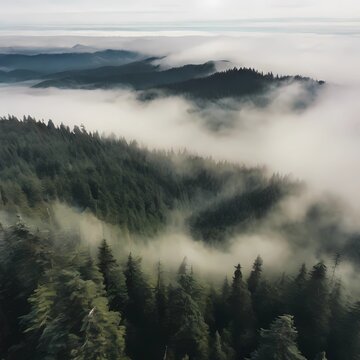 view of green forest from above, rolling mist. beautiful landscape for posters, social media, web. generative ai