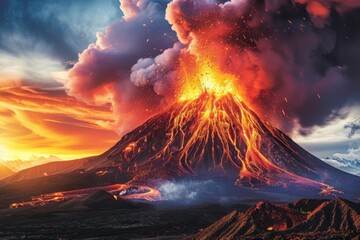 Volcanic Spectacle: Fiery Eruption Launches Lava and Ash. Witness Nature's Raw Power. Breathtaking Stock Photo for Travel Documentaries, Science Magazines, and Nature Posters - obrazy, fototapety, plakaty