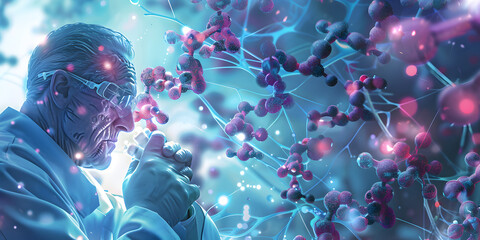 The scientist is working on the display of DNA structure, genetic modification concept, | Male scientist analyzing DNA test results