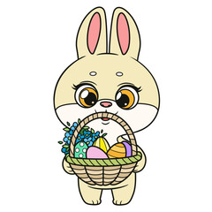 Cute cartoon bunny with basket with Easter decorated eggs color variation on a white background