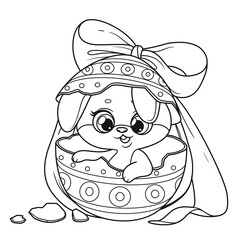 Cute cartoon bunny hatches from a fancy Easter egg outlined for coloring