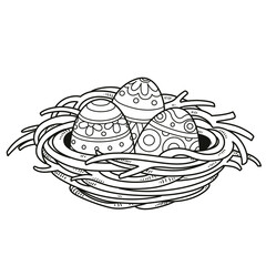 Nest with painted Easter eggs outlined for coloring on a white background