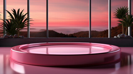 Glamorous pink circle product stand mockup with reflecting mirror surface inside and panorama of nature and sunset on the background