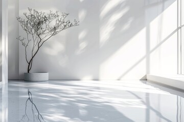 A sparse modern interior featuring a single plant casting dramatic shadows, evoking tranquility and the beauty of simplicity in design - obrazy, fototapety, plakaty
