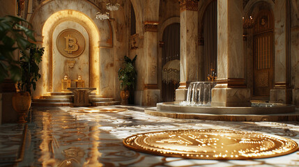 Sophisticated luxurious interior with golden decoration of the bitcoin logo, symbolizing wealth and economic growth, with high ancient columns, marble floor, and mini waterfall