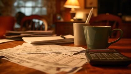 A pile of mortgage papers and a calculator are displayed on a wooden desk - representing the financial aspects of home buying - obrazy, fototapety, plakaty