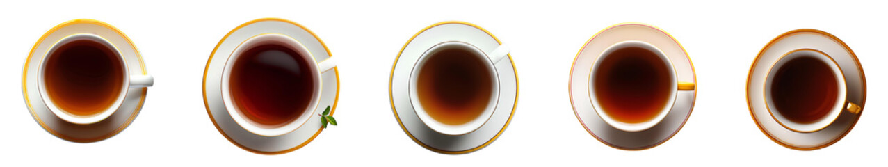 Tea in cup with plate PNG. Teacup and saucer top view isolated. Cup of tea bird's eye view PNG