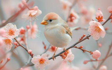 A dainty finch perches on a branch graced with pink blossoms of spring