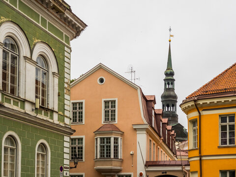Colourful buildings and street of old town of Tallinn in Estonia.