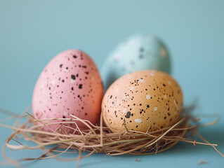 Naklejka na ściany i meble Stylish minimalistic Easter background with coloured eggs in a nest on a delicate blue pastel background. Copy space.