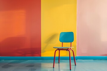 A solitary blue and red chair stands out against the bold red, yellow, and pink backdrop, evoking a sense of simplicity and modern design