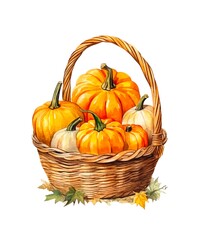Watercolor illustration of a wicker basket with orange pumpkins isolated on white background.