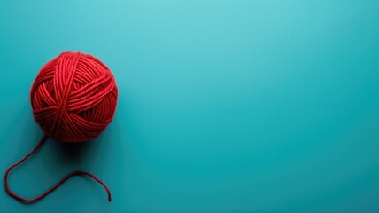 Red yarn ball with shadow on blue background