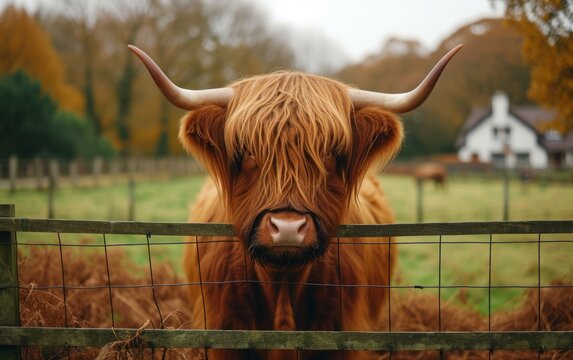 An Imposing Highland Bovine with Smooth Hair Observes Inquisitively