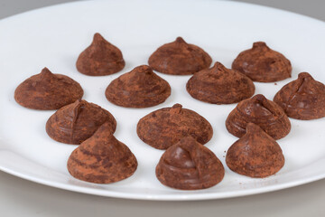 Cocoa dusted chocolate truffles on dish, side view close-up