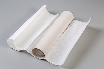Leftover paper towels on cardboard tube on a gray surface