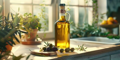 Glass bottle of olive oil and olive sprigs in a bright sunny kitchen