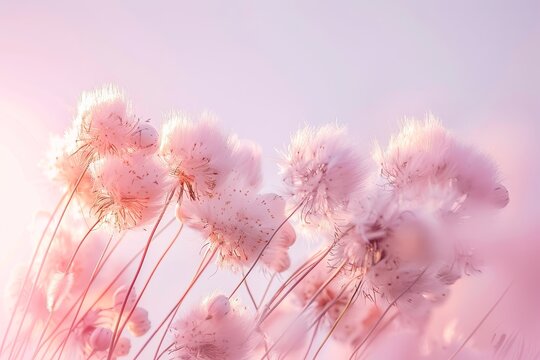 A serene display of pale pink dandelions captured in soft light, evoking a dreamlike quality in this soothing image