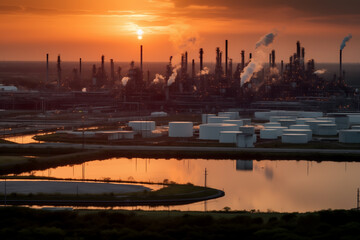 Oil refinery plant. Processing factory. Oil crude and gas refineries. Louisiana petrochemical plant Smoking chimneys. Toxic Smoke, Air Pollution, CO2 Crisis. Carbon dioxide emissions. Carbide plant.