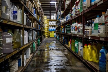 Warehouse interior with rows of chemicals in industrial containers, emphasizing storage and distribution in industry, Concept of logistics and supply chain management
