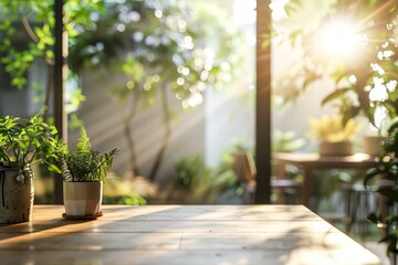 Sunlight filters through lush greenery onto a wooden table with potted plants, capturing a serene indoor garden