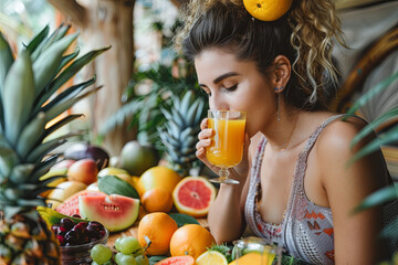 Beautiful woman drinking orange juice, on a table full of fruits and vegetables