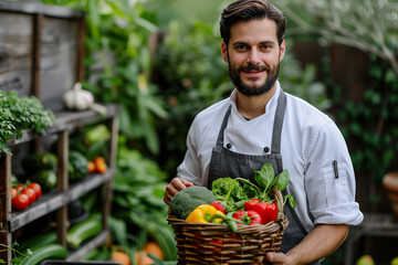 Executive chef holding organic vegetables wood basket standing in the organic garden