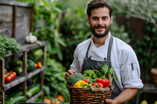 Executive chef holding organic vegetables wood basket standing in the organic garden
