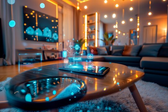 Modern home interior showcasing smartphone controlling lighting and entertainment systems