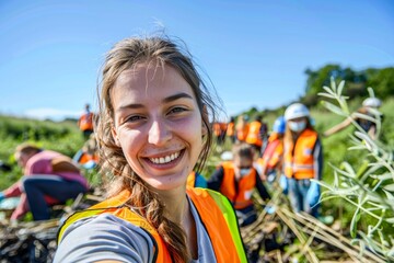 Young female volunteer taking a selfie with a group of workers in the background