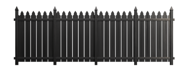 Rustic black wood fence. Transparent background PNG. Farm fence. Ranch fence. Retro, vintage, antique. American style fence. Made of wood. Victorian style