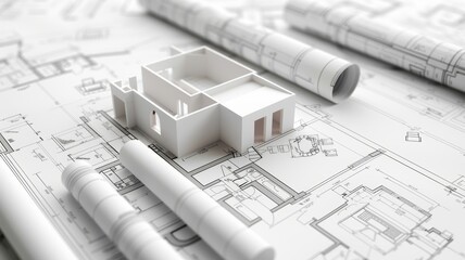 Construction concepts and designs are expressed through 3D blueprint renderings, showcasing architectural planning and visualization.