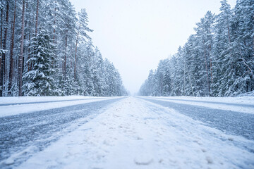 Obraz premium Winter road in the forest. Winter landscape with snow covered trees.