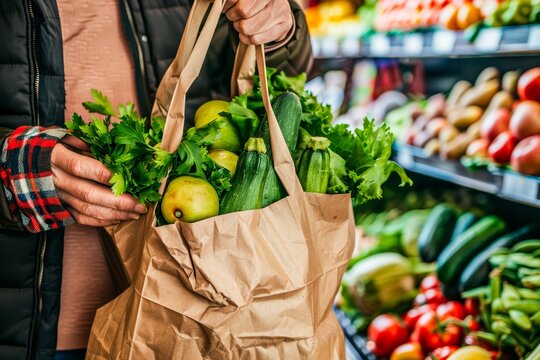 A consumer holding a paper bag full of fresh vegetables and fruits while shopping in grocery aisle