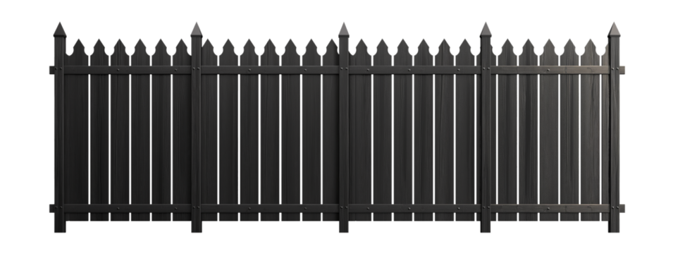 Rustic black wood fence. Transparent background PNG. Farm fence. Ranch fence. Retro, vintage, antique. American style fence. Made of wood. Victorian style