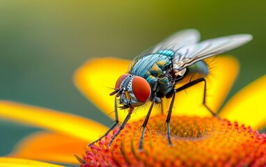 Zoomed In View of a Housefly Resting on a Yellow Flower