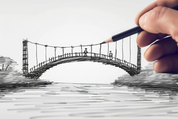 Bridging the Divide: Hand Drawing a Bridge Over a Gap. Symbolic Illustration of Connection, Collaboration, and Overcoming Challenges. Perfect for Presentations, Marketing, and Social - obrazy, fototapety, plakaty